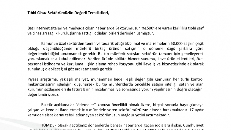 TÜMDEF KAMUOYU DUYURUSU // BASINDA YER ALAN FAHİŞ FİYAT UYGULAMALARINA İLİŞKİN AÇIKLAMAMIZDIR!
